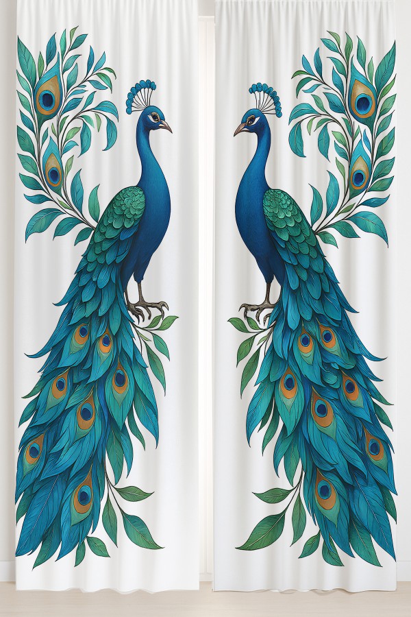 Mavi Tavus Kuşu Desenli Çift Kanatlı Fon Perde Süet Oturma Odası Salon Mutfak 140x260cm