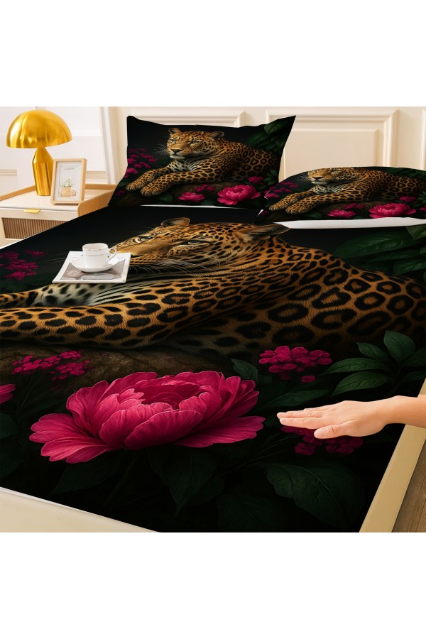 Leopar Gül Desenli Lastikli Çift Kişilik Çarşaf Takımı Yastık Kılıflı 160x200cm