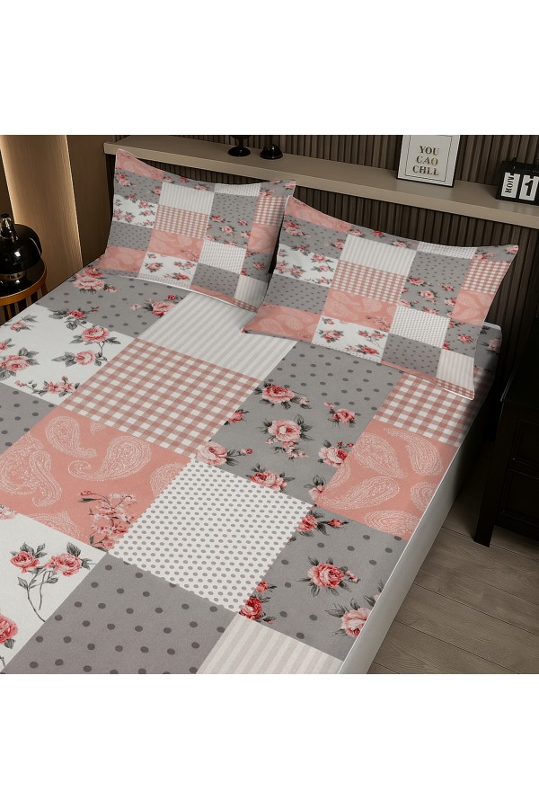 Gri Pembe Retro Çiçek Desenli Lastikli Çift Kişilik Çarşaf Takımı Yastık Kılıflı 160x200cm