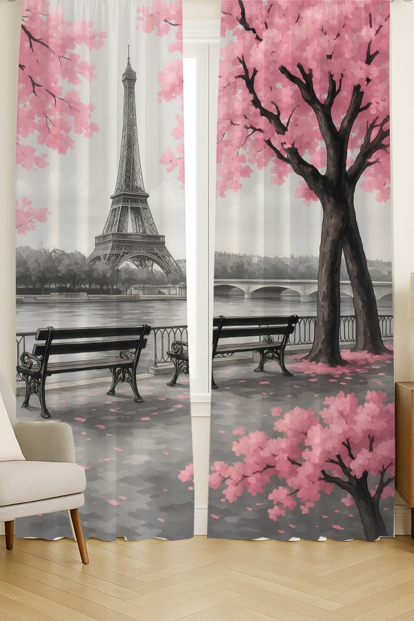 Paris Eyfel Kulesi Pembe Çiçekli Desenli Çift Kanatlı Fon Perde Süet Oturma Odası Salon Mutfak