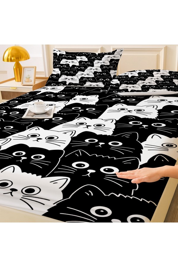 Siyah Beyaz Kediler Desenli Lastikli Çift Kişilik Çarşaf Takımı Yastık Kılıflı 160x200cm Siyah Beyaz Kediler Desenli Lastikli Çift Kişilik Çarşaf Takımı Yastık Kılıflı 160x200cm