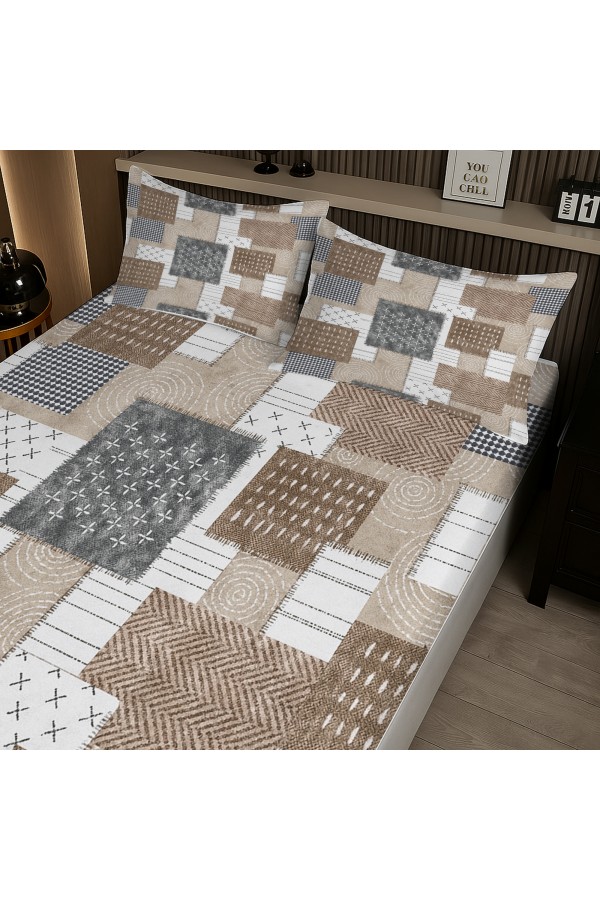 Kahverengi Geometrik Retro Desenli Lastikli Çift Kişilik Çarşaf Takımı Yastık Kılıflı 160x200cm