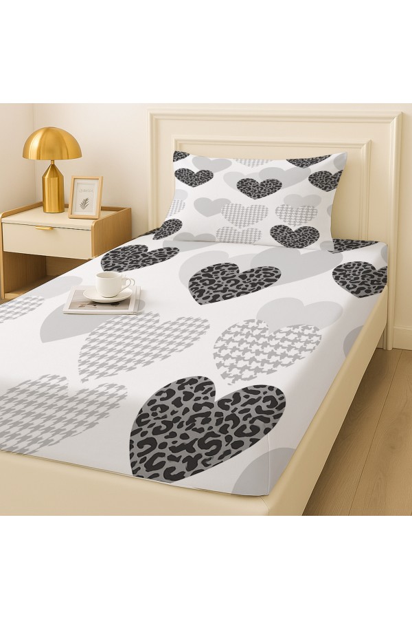 Gri Siyah Kalpler Desenli Lastikli Tek Kişilik Çarşaf Takımı Yastık Kılıflı 100x200cm Gri Siyah Kalpler Desenli Lastikli Tek Kişilik Çarşaf Takımı Yastık Kılıflı 100x200cm
