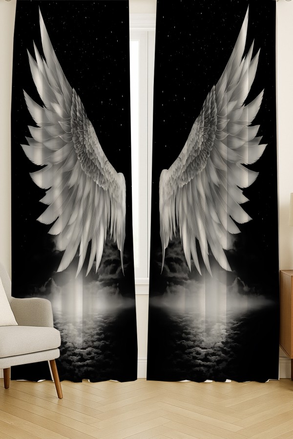 Melek Kanadı Siyah Beyaz Desenli Çift Kanatlı Fon Perde Süet Oturma Odası Salon Mutfak 140x260cm