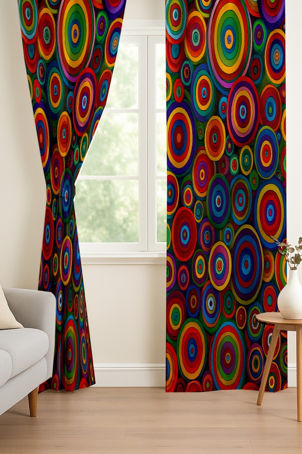 Renkli Retro Halka Desenli Çift Kanatlı Fon Perde Süet Oturma Odası Salon Mutfak 140x260cm