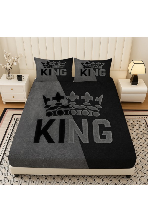 King Kral Gri Desenli Lastikli Çift Kişilik Çarşaf Takımı Yastık Kılıflı 160x200cm