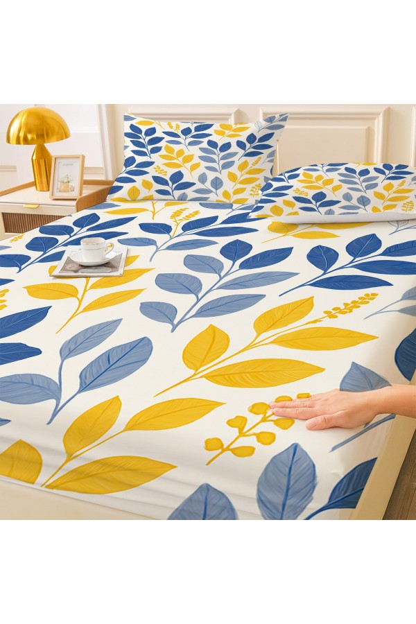 Sarı Lacivert Çiçek Desenli Lastikli Çift Kişilik Çarşaf Takımı Yastık Kılıflı 160x200cm