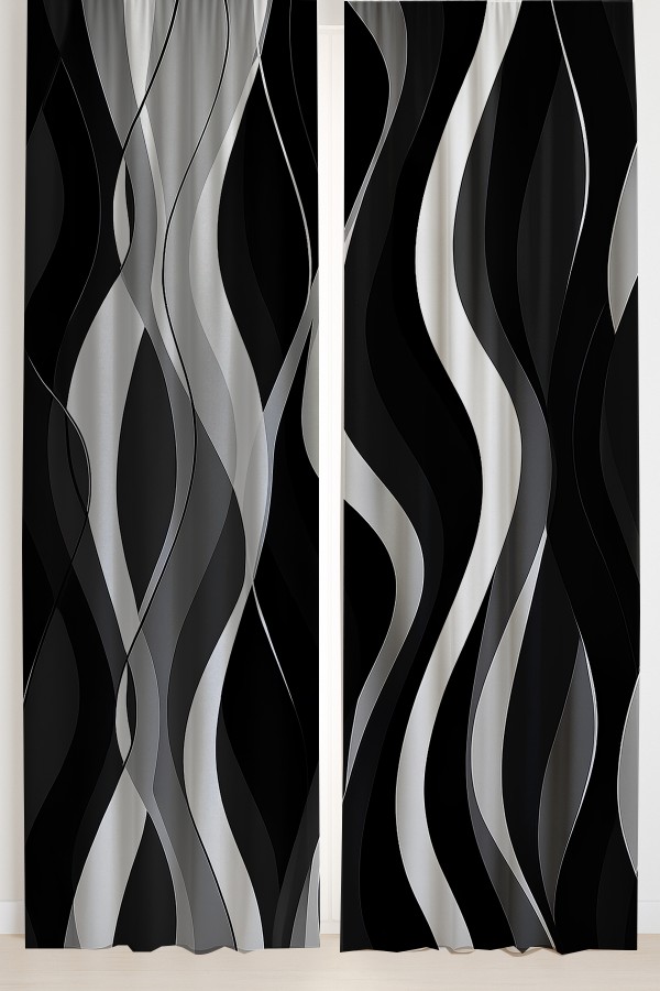 Siyah Gri Dalgalı Desenli Çift Kanatlı Fon Perde Süet Oturma Odası Salon Mutfak 140x260cm
