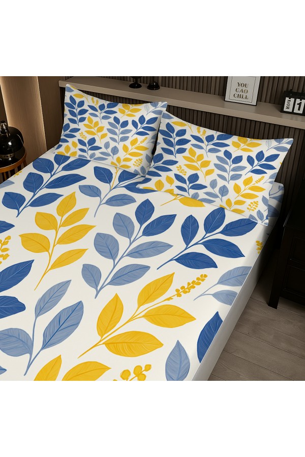 Sarı Lacivert Çiçek Desenli Lastikli Çift Kişilik Çarşaf Takımı Yastık Kılıflı 160x200cm