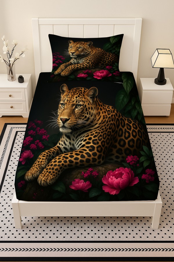 Leopar Gül Desenli Lastikli Tek Kişilik Çarşaf Takımı Yastık Kılıflı 100x200cm Leopar Gül Desenli Lastikli Tek Kişilik Çarşaf Takımı Yastık Kılıflı 100x200cm