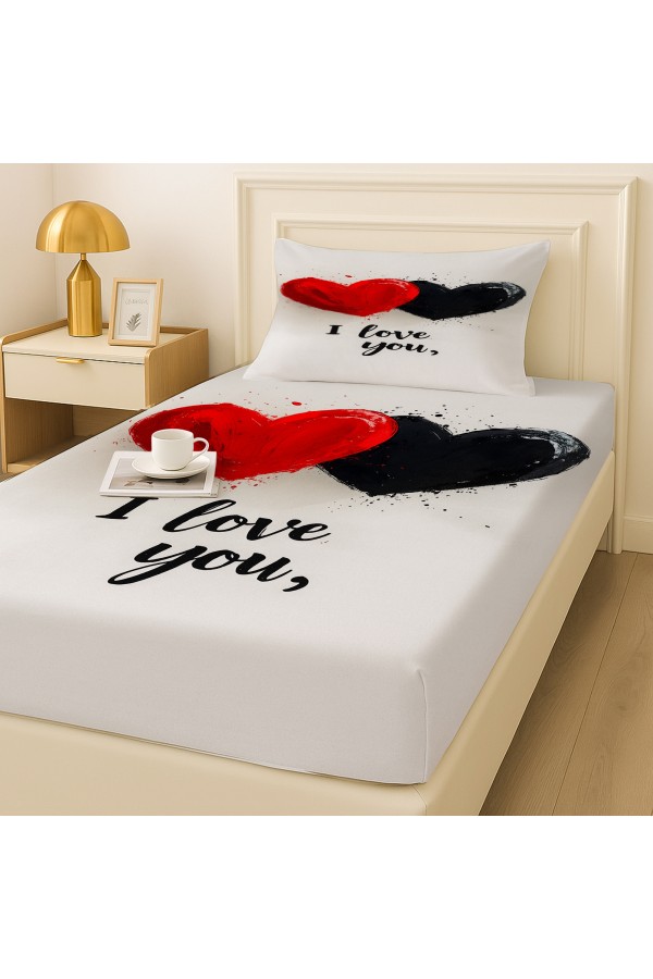 Love You Kalpler Desenli Lastikli Tek Kişilik Çarşaf Takımı Yastık Kılıflı 100x200cm Love You Kalpler Desenli Lastikli Tek Kişilik Çarşaf Takımı Yastık Kılıflı 100x200cm
