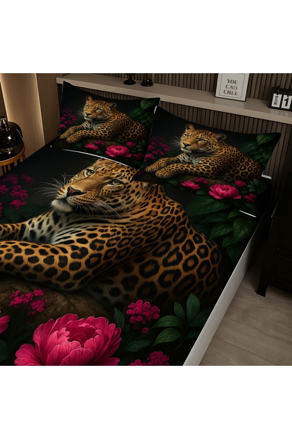 Leopar Gül Desenli Lastikli Çift Kişilik Çarşaf Takımı Yastık Kılıflı 160x200cm
