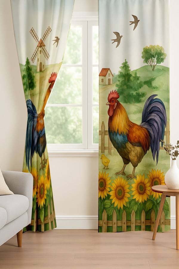 Horoz Çiftlik Desenli Çift Kanatlı Fon Perde Süet Oturma Odası Salon Mutfak 140x260cm