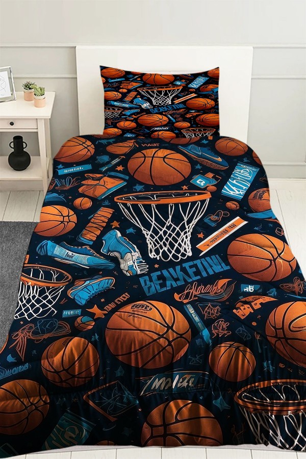 Basketbol Topları Desenli Erkek Çocuk Tek Kişilik Kapitoneli Yorgan Yastık Kılıflı Basketbol Topları Desenli Erkek Çocuk Tek Kişilik Kapitoneli Yorgan Yastık Kılıflı