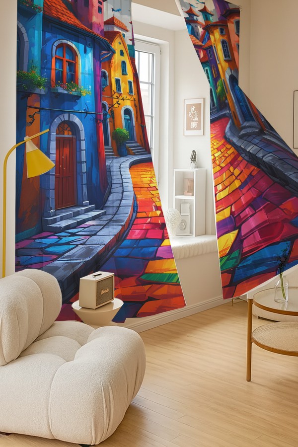 Renkli Sokak Manzaralı Desenli Çift Kanatlı Tül Perde Oturma Odası Salon Mutfak 140x260cm