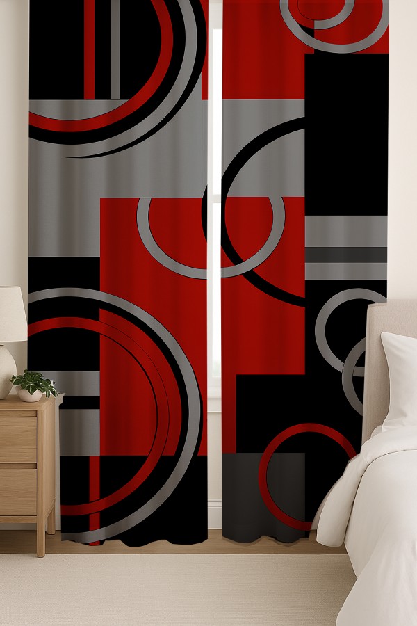 Kırmızı Siyah Gri Geometrik Desenli Çift Kanatlı Fon Perde Süet Oturma Odası Salon Mutfak 140x260cm