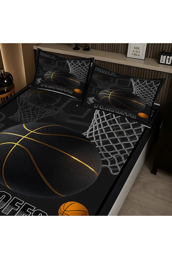 Basketbol Desenli Lastikli Çift Kişilik Çarşaf Takımı Yastık Kılıflı 160x200cm