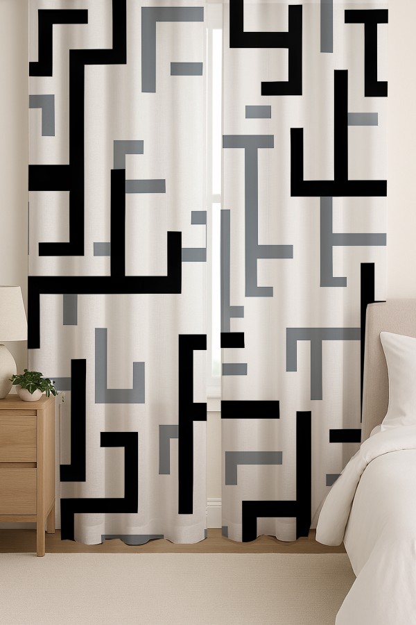 Siyah Gri Geometrik Desenli Çift Kanatlı Fon Perde Süet Oturma Odası Salon Mutfak 140x260cm
