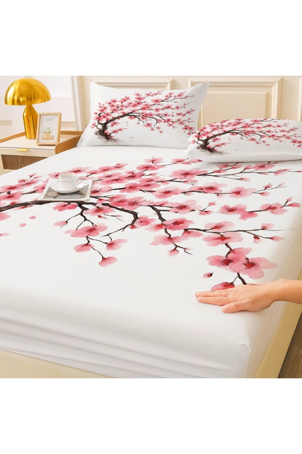 Sakura Pembe Çiçekli Ağaç Desenli Lastikli Çift Kişilik Çarşaf Takımı Yastık Kılıflı 160x200cm