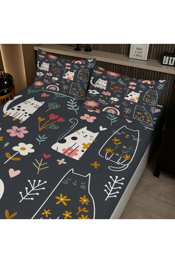 Mistik Kedili Desenli Lastikli Çift Kişilik Çarşaf Takımı Yastık Kılıflı 160x200cm