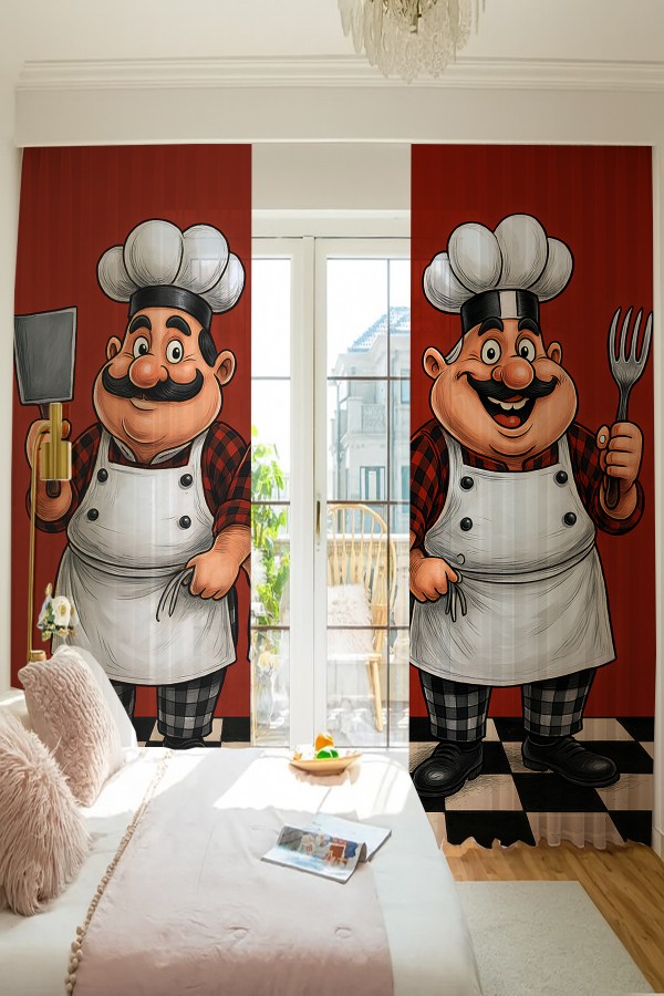 Ahçılar Desenli Çift Kanatlı Tül Perde Oturma Odası Salon Mutfak 140x260cm