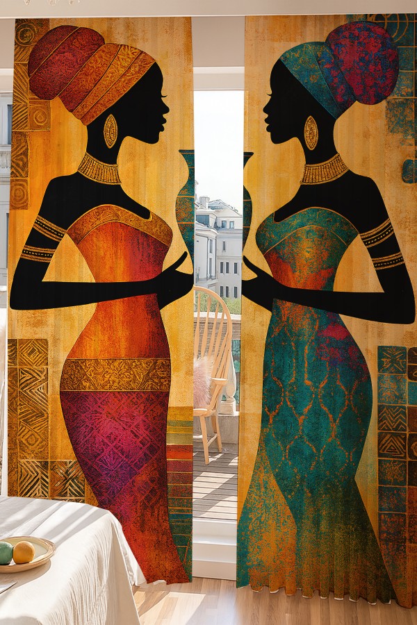 Afrika Silüet Kadın Etnik Desenli Çift Kanatlı Tül Perde Oturma Odası Salon Mutfak 140x260cm Afrika Silüet Kadın Etnik Desenli Çift Kanatlı Tül Perde Oturma Odası Salon Mutfak 140x260cm