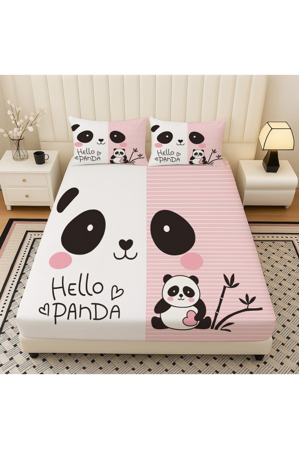 Sevimli Panda Desenli Lastikli Çift Kişilik Çarşaf Takımı Yastık Kılıflı 160x200cm