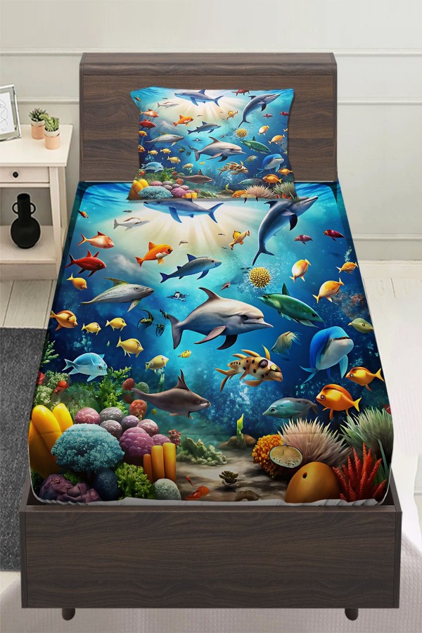 Su Altı Deniz Dünyası Balıklar Desenli Çocuk Tek Kişilik Yastıklı Lastikli Çarşaf Takımı 100x200cm Su Altı Deniz Dünyası Balıklar Desenli Çocuk Tek Kişilik Yastıklı Lastikli Çarşaf Takımı 100x200cm