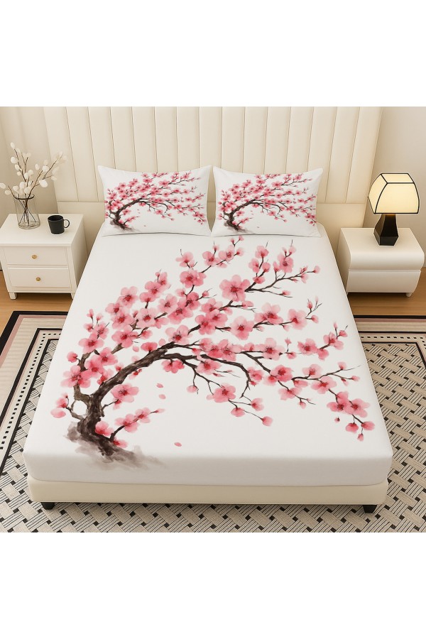 Sakura Pembe Çiçekli Ağaç Desenli Lastikli Çift Kişilik Çarşaf Takımı Yastık Kılıflı 160x200cm