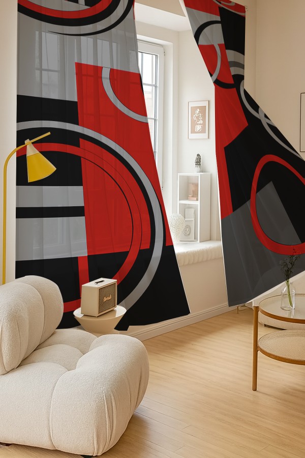 Kırmızı Siyah Gri Geometrik Desenli Çift Kanatlı Tül Perde Oturma Odası Salon Mutfak 140x260cm
