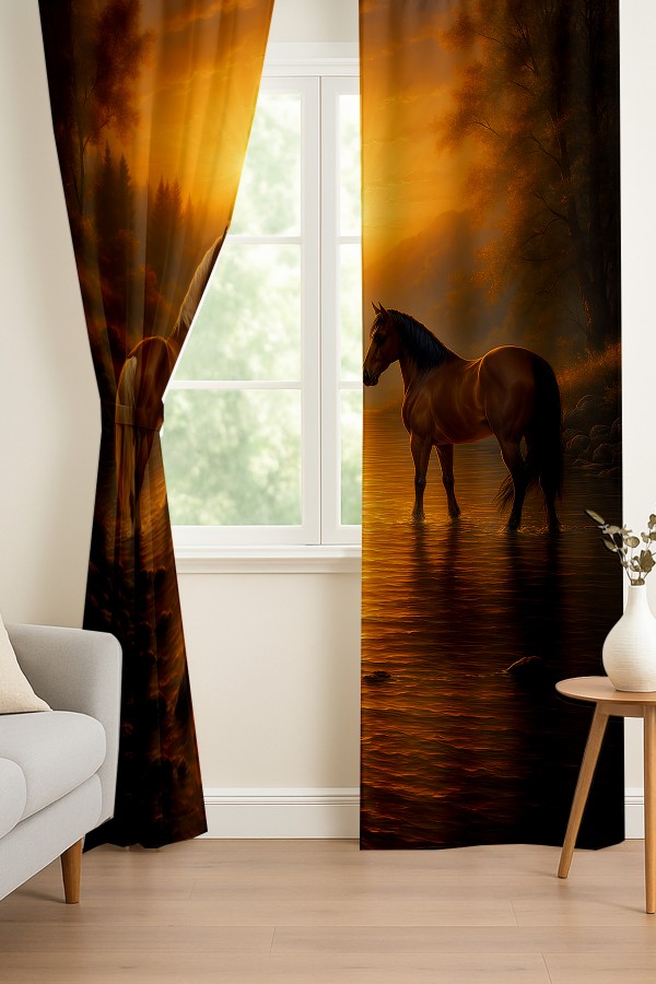 Gün Batımı Atlar Desenli Çift Kanatlı Fon Perde Süet Oturma Odası Salon Mutfak 140x260cm
