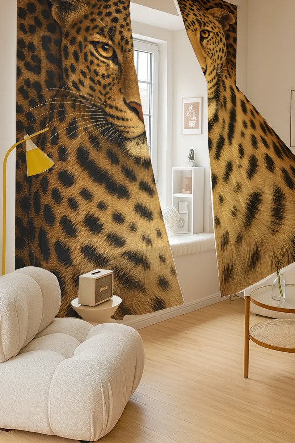 Leopar Desenli Çift Kanatlı Tül Perde Oturma Odası Salon Mutfak 140x260cm