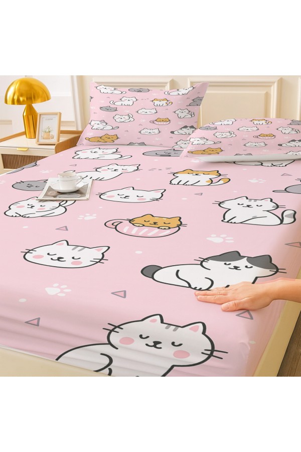 Pembe Sevimli Kediler Desenli Lastikli Çift Kişilik Çarşaf Takımı Yastık Kılıflı 160x200cm
