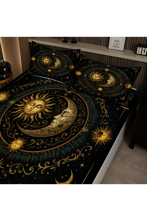 Ay Güneş Astronoloji Desenli Lastikli Çift Kişilik Çarşaf Takımı Yastık Kılıflı 160x200cm