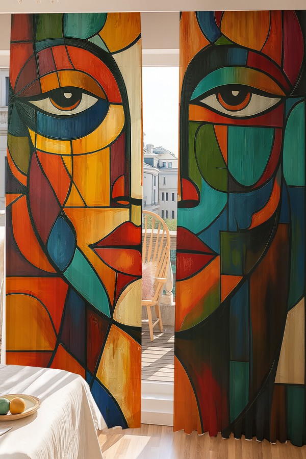 Soyut Yüz Desenli Çift Kanatlı Tül Perde Oturma Odası Salon Mutfak 140x260cm