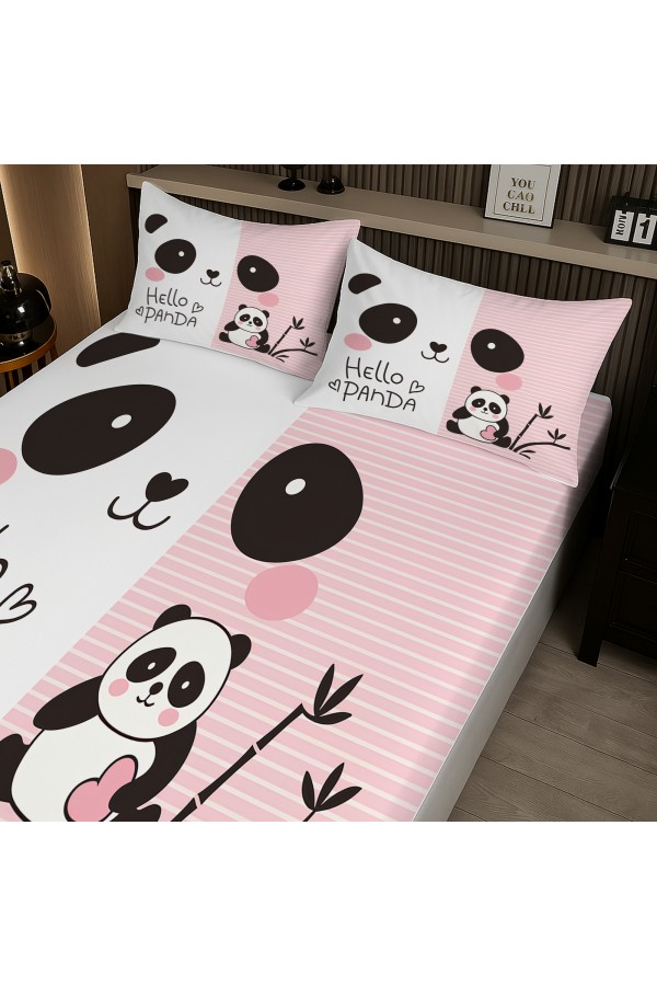 Sevimli Panda Desenli Lastikli Çift Kişilik Çarşaf Takımı Yastık Kılıflı 160x200cm
