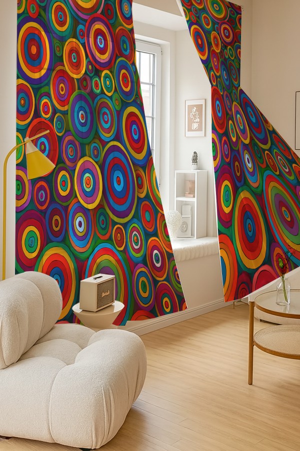 Renkli Retro Halka Desenli Çift Kanatlı Tül Perde Oturma Odası Salon Mutfak 140x260cm