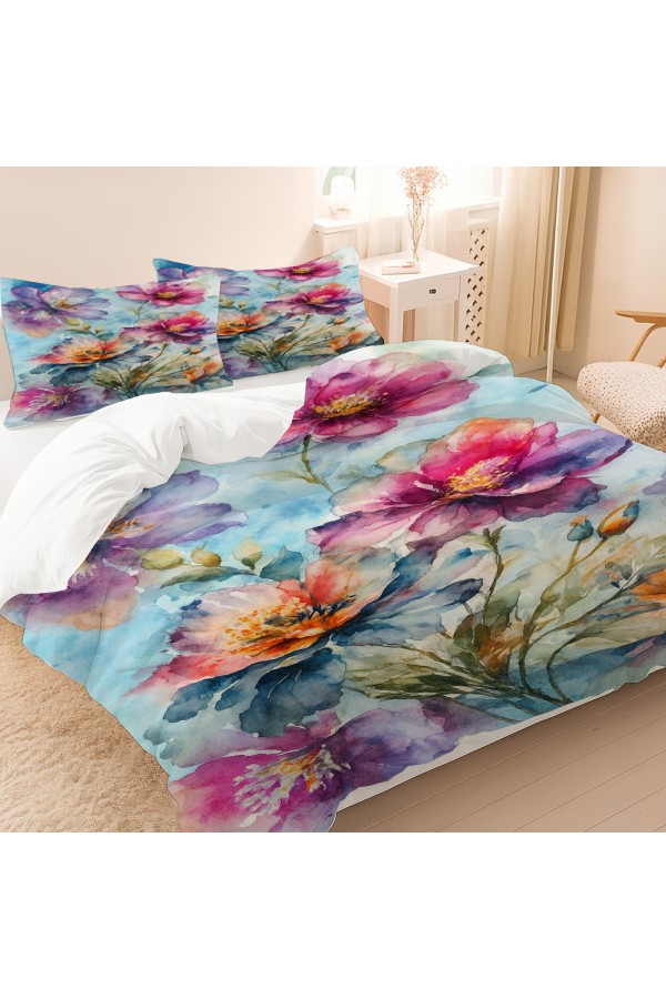 Suluboya Çiçek Desenli Pamuk Saten Çift Kişilik Nevresim Takımı 200x220cm Suluboya Çiçek Desenli Pamuk Saten Çift Kişilik Nevresim Takımı 200x220cm