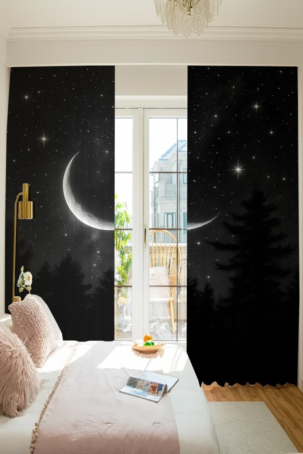 Gece Manzaralı Ay ve Yıldız Desenli Çift Kanatlı Tül Perde Oturma Odası Salon Mutfak 140x260cm