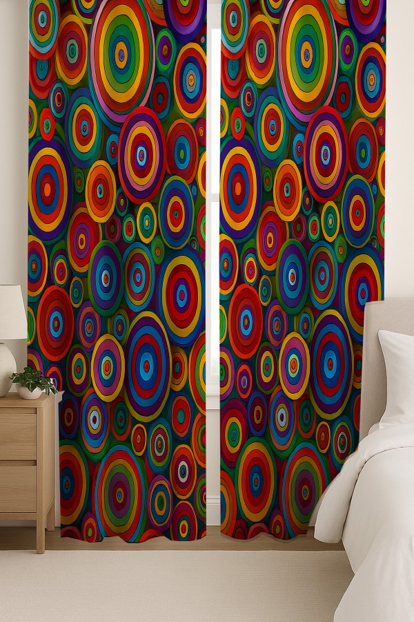 Renkli Retro Halka Desenli Çift Kanatlı Fon Perde Süet Oturma Odası Salon Mutfak 140x260cm