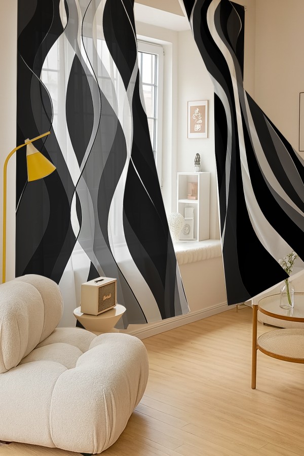 Siyah Gri Dalgalı Desenli Çift Kanatlı Tül Perde Oturma Odası Salon Mutfak 140x260cm