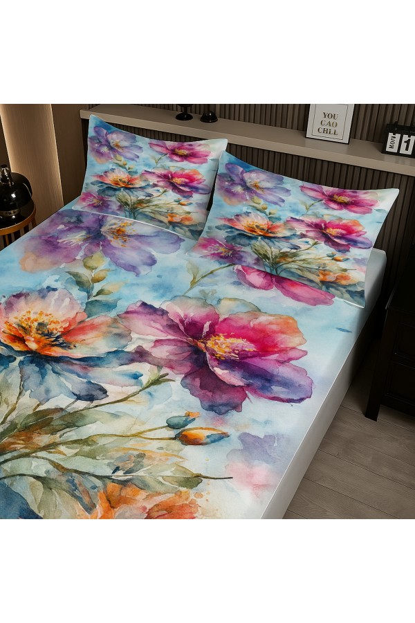 Suluboya Çiçek Desenli Lastikli Çift Kişilik Çarşaf Takımı Yastık Kılıflı 160x200cm