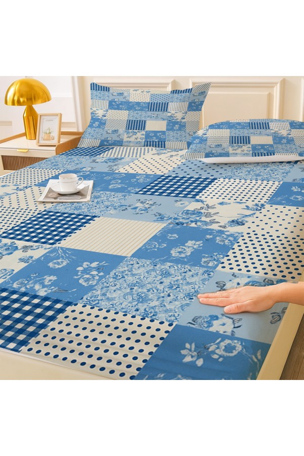 Mavi Beyaz Desenli Lastikli Çift Kişilik Çarşaf Takımı Yastık Kılıflı 160x200cm
