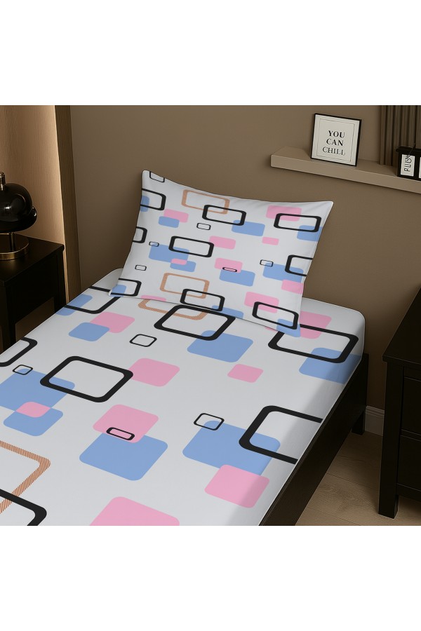 Mavi Pembe Geometrik Desenli Lastikli Tek Kişilik Çarşaf Takımı Yastık Kılıflı 100x200cm Mavi Pembe Geometrik Desenli Lastikli Tek Kişilik Çarşaf Takımı Yastık Kılıflı 100x200cm