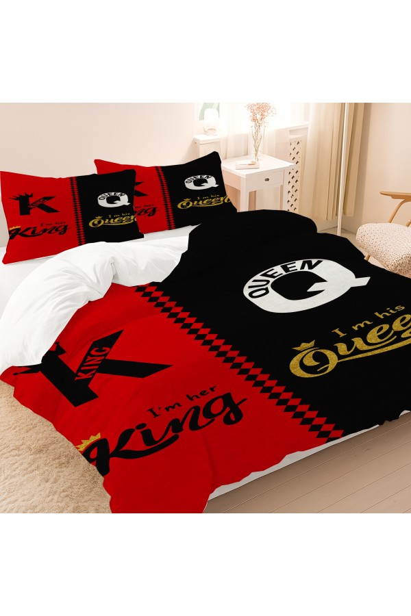 Kırmızı Siyah Kral Kraliçe Desenli Pamuk Saten Çift Kişilik Nevresim Takımı 200x220cm Kırmızı Siyah Kral Kraliçe Desenli Pamuk Saten Çift Kişilik Nevresim Takımı 200x220cm