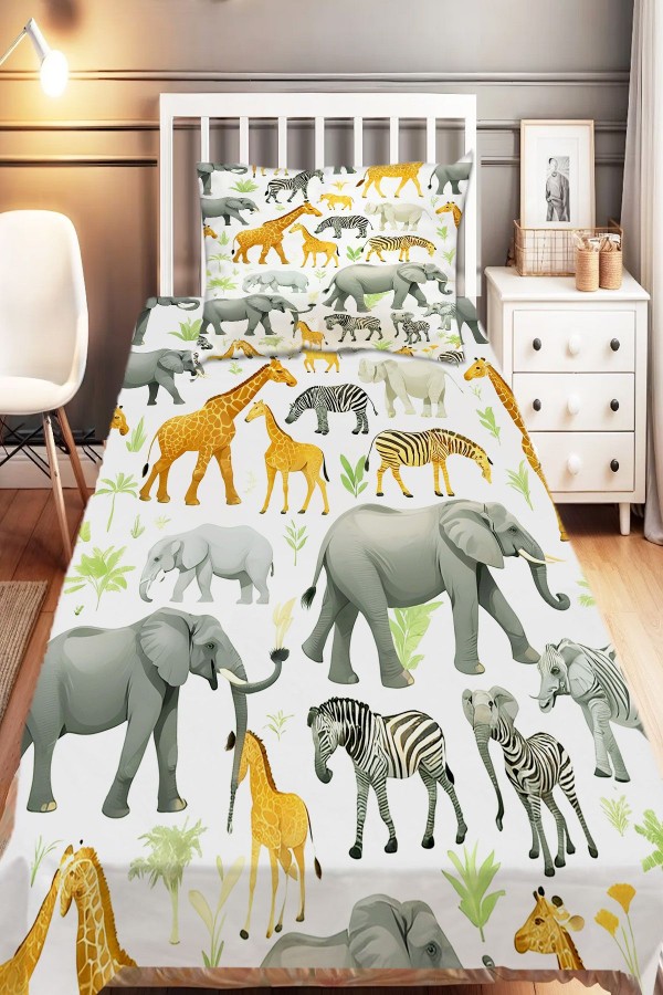 Safari Afrika Hayvanları Desenli Erkek Çocuk Tek Kişilik Dekoratif Yatak Örtüsü Yastık Kılıflı Safari Afrika Hayvanları Desenli Erkek Çocuk Tek Kişilik Dekoratif Yatak Örtüsü Yastık Kılıflı