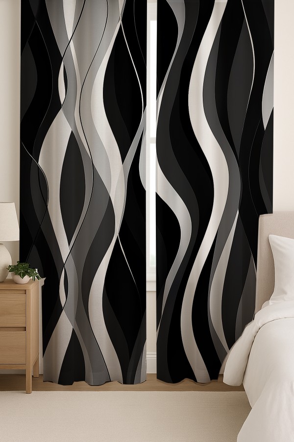 Siyah Gri Dalgalı Desenli Çift Kanatlı Fon Perde Süet Oturma Odası Salon Mutfak 140x260cm