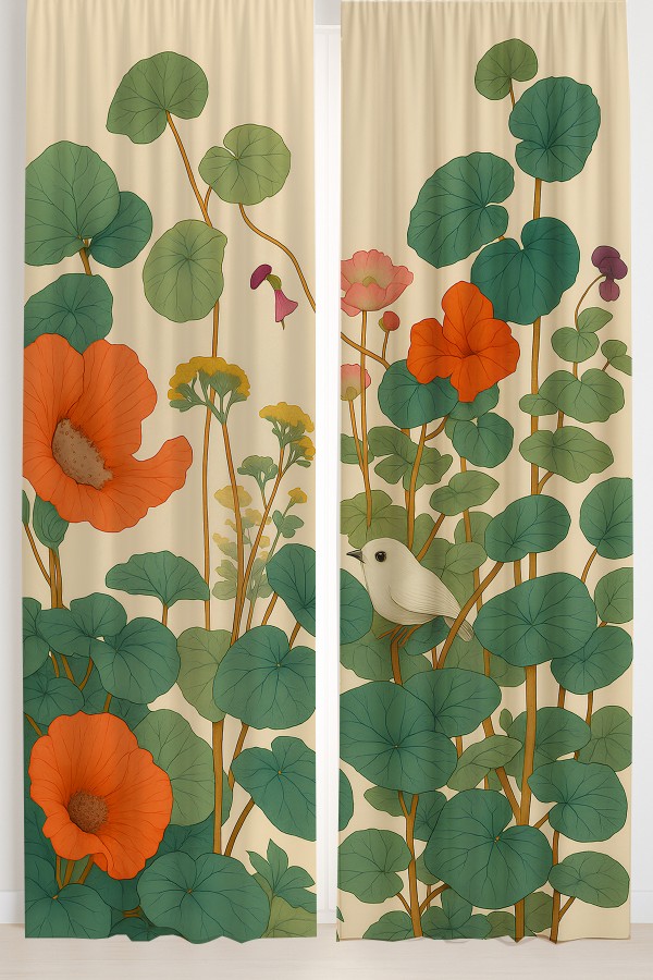 Vintage Doğa Çiçekler Desenli Çift Kanatlı Fon Perde Süet Oturma Odası Salon Mutfak 140x260cm
