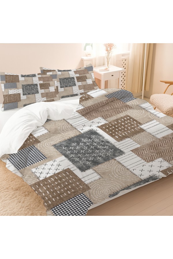 Kahverengi Geometrik Retro Desenli Pamuk Saten Çift Kişilik Nevresim Takımı 200x220cm