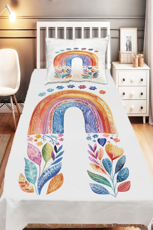 Boho Gökkuşağı Sulu boya Desenli Kız Çocuk Tek Kişilik Dekoratif Yatak Örtüsü Yastık Kılıflı Boho Gökkuşağı Sulu boya Desenli Kız Çocuk Tek Kişilik Dekoratif Yatak Örtüsü Yastık Kılıflı